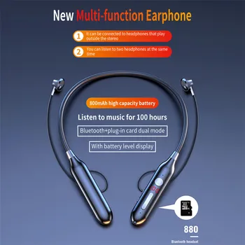 100 Valandų Ištvermės Bluetooth Ausinės, Stereo Bass Belaidžių Ausinių Neckband Galios LED Ekranas, laisvų Rankų įranga TF Kortelė