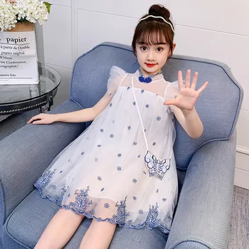 2021 Vasaros Vaikų Drabužių Mergaičių Korėjos Mados Mažos Apykaklės Mėlyna Balta Suknelė Su Drugelio Akių Maišą Siūlų Suknelės 